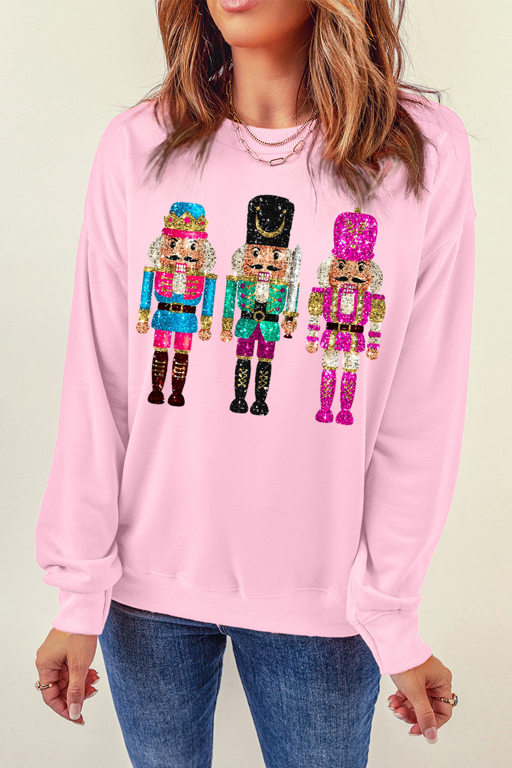 Pink Cute Nutcracker Printed Drop Shoulder Christmas Sweatshirt - loveforevers
