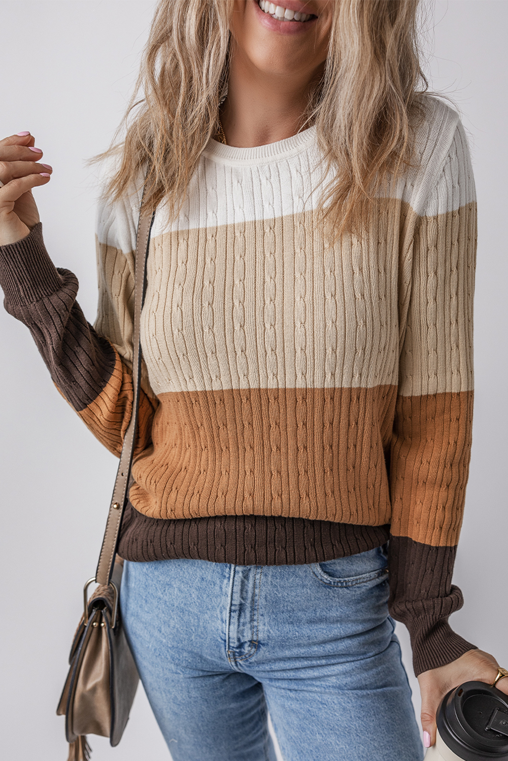Khaki Colorblock Cable Knit Round Neck Sweater - loveforevers