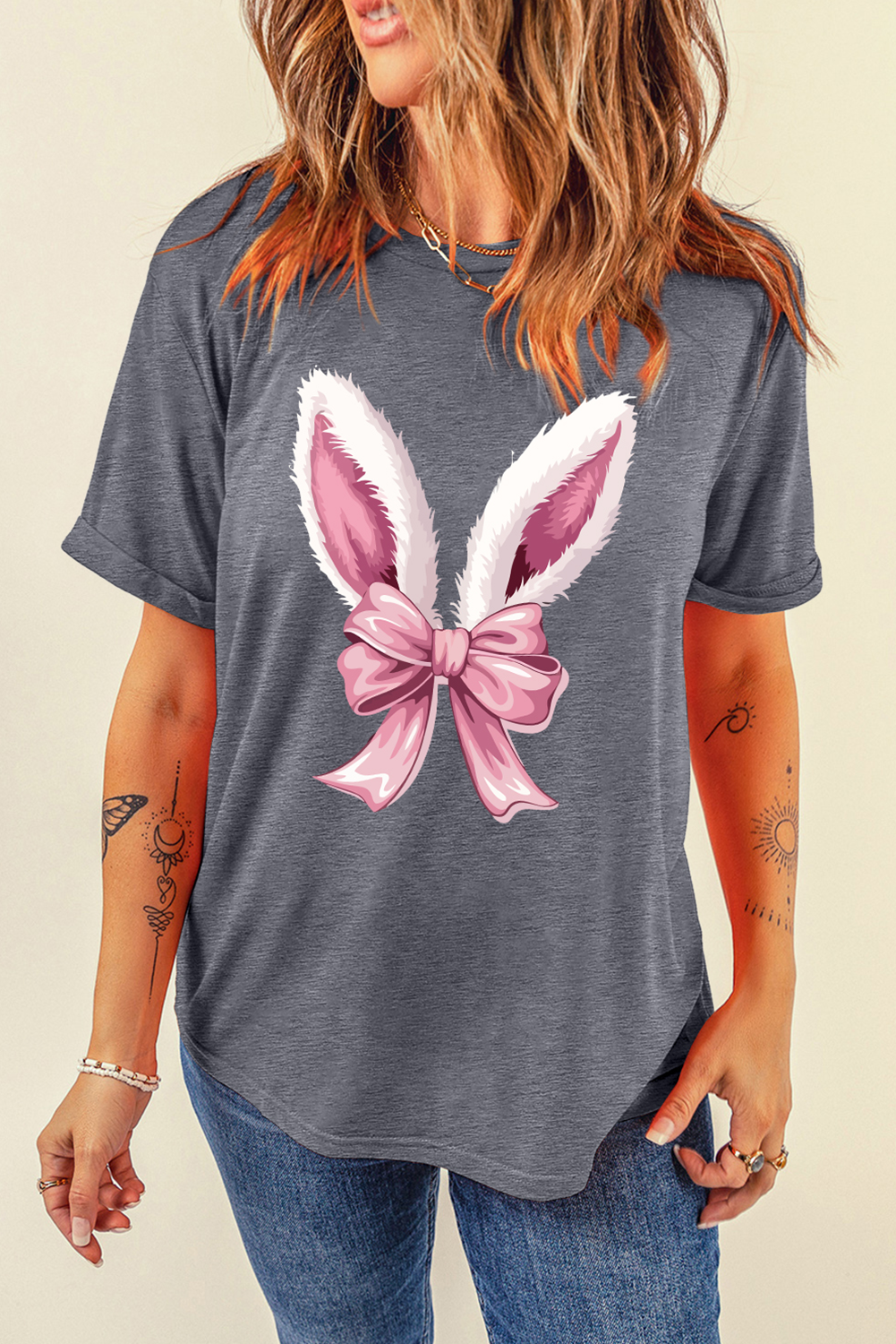 Gray Bunny Ear Bow Printed Easter Fashion T Shirt - loveforevers