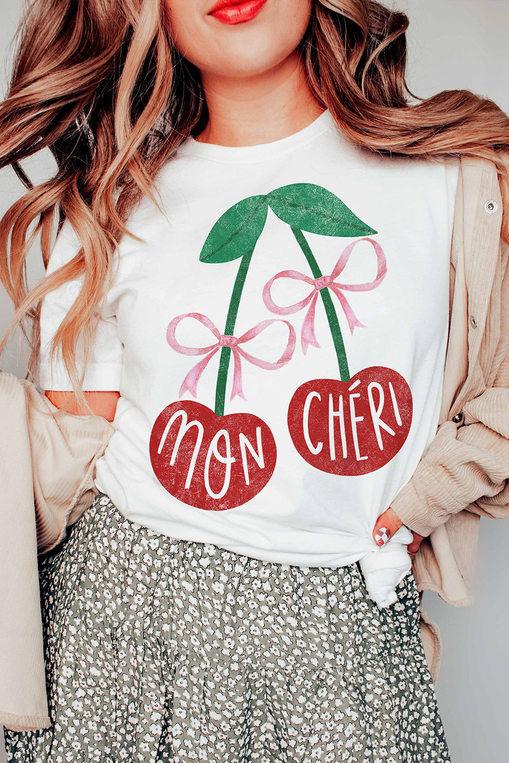 Pink Bow Cherry Print Crew Neck Casual T Shirt - loveforevers