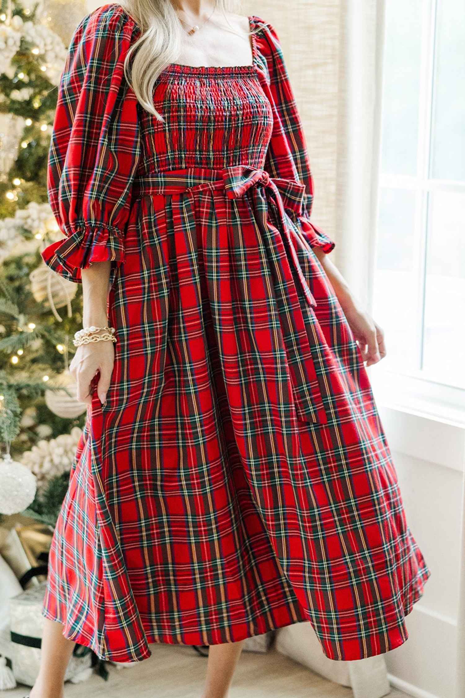 Red Tartan Plaid Square Neck Puff Sleeve Knot Waist Flared Midi Dress - loveforevers