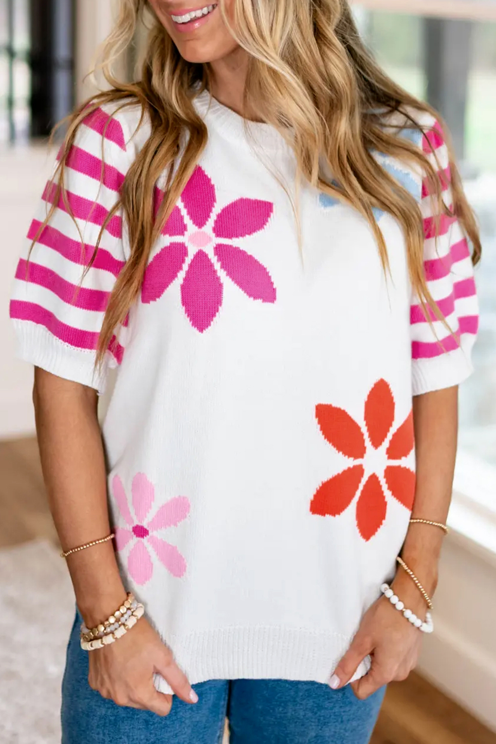 White Floral Pattern Striped Sleeve Sweater T Shirt - loveforevers