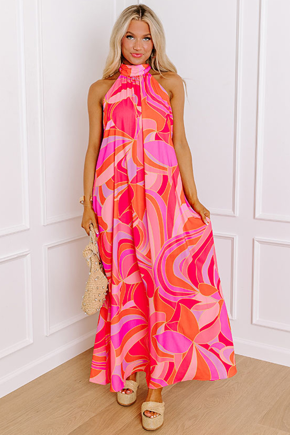 Rose Abstract Printed High Neck Knotted Nape Sleeveless Maxi Dress - loveforevers