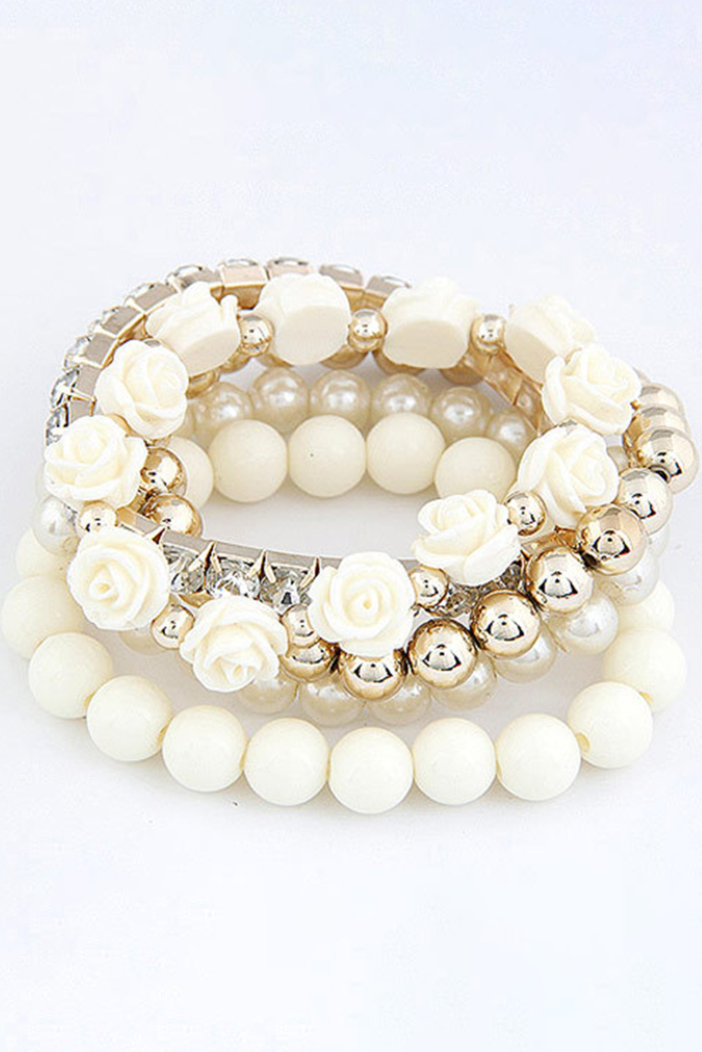 Black Flower Rhinestone Beaded Multi Layer Bracelet Set - loveforevers