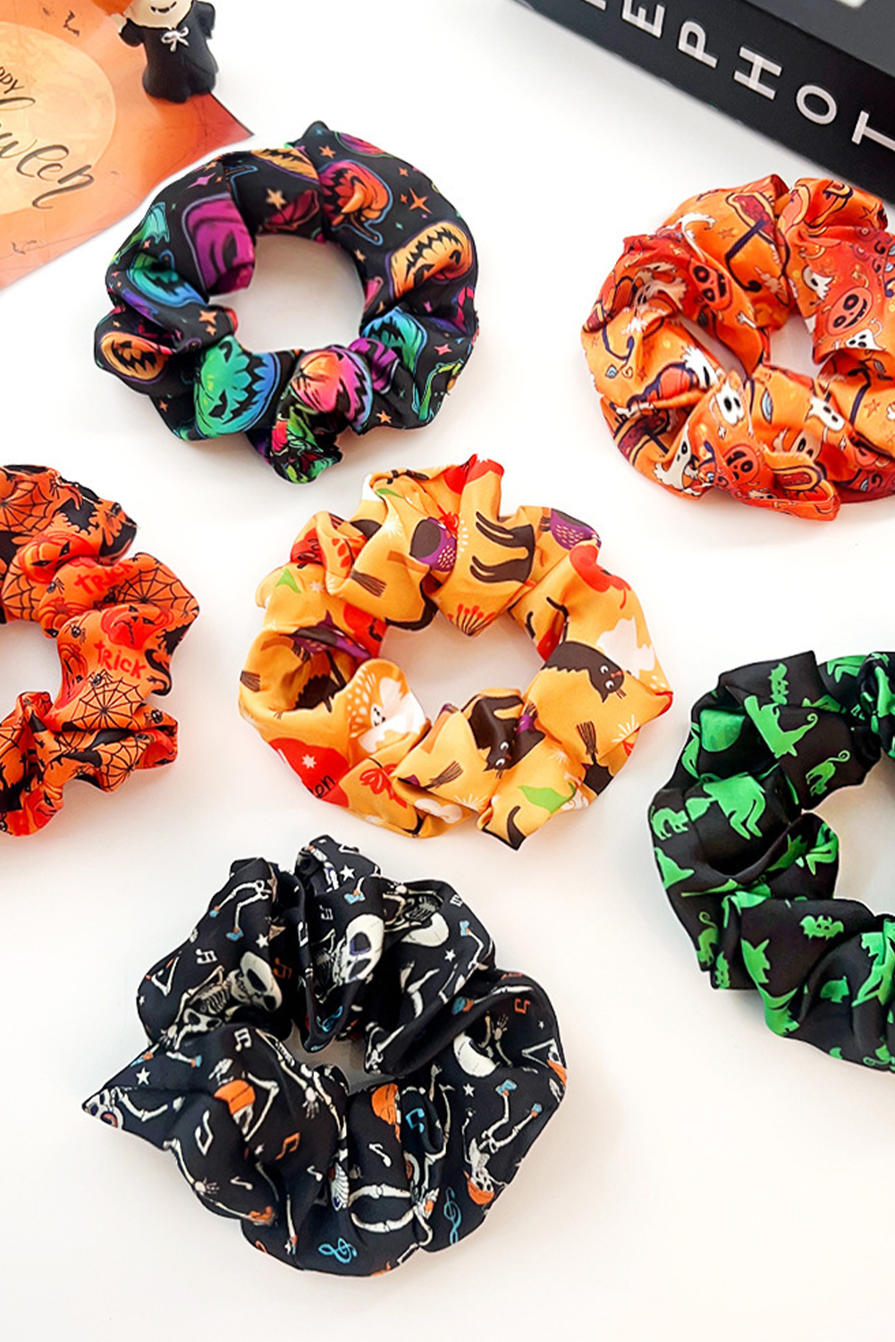 Black Halloween Pattern Print Hair Scrunchie - loveforevers