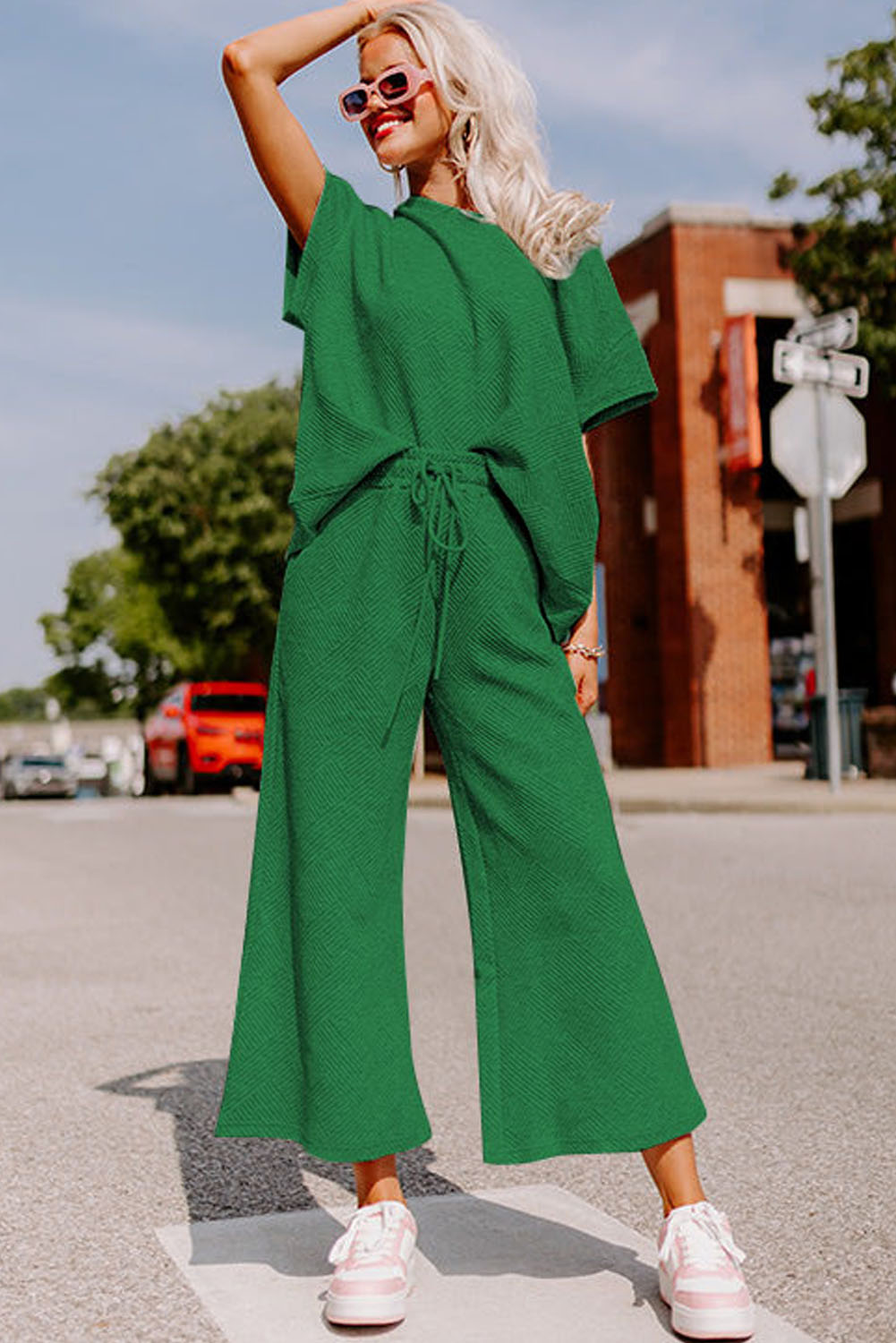 Dark Green Textured Loose Fit T Shirt and Drawstring Pants Set - loveforevers