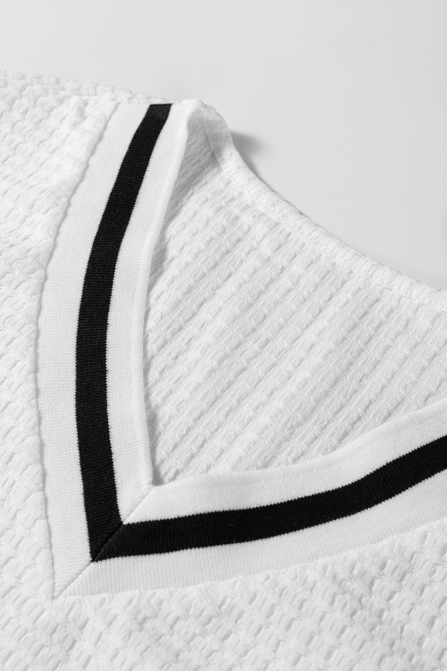 White Textured Knit Preppy Striped Trim V Neck Pullover Waffle Top - loveforevers