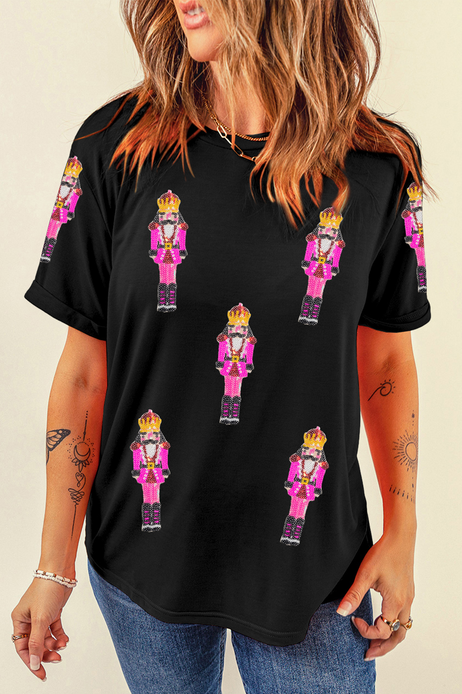 Black Sequin Patched Christmas Nutcracker Casual T Shirt - loveforevers