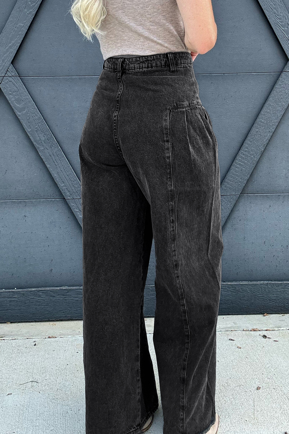 Dark Grey Pleated Wide Leg Mineral Wash Denim Pants - loveforevers