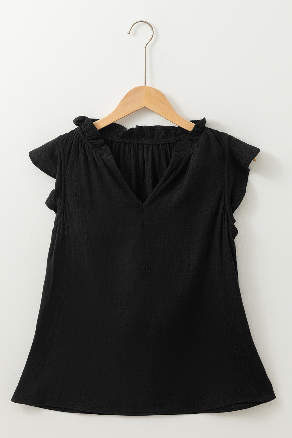 Black Ruffled Shoulder V Neck Shift Tank Top - loveforevers