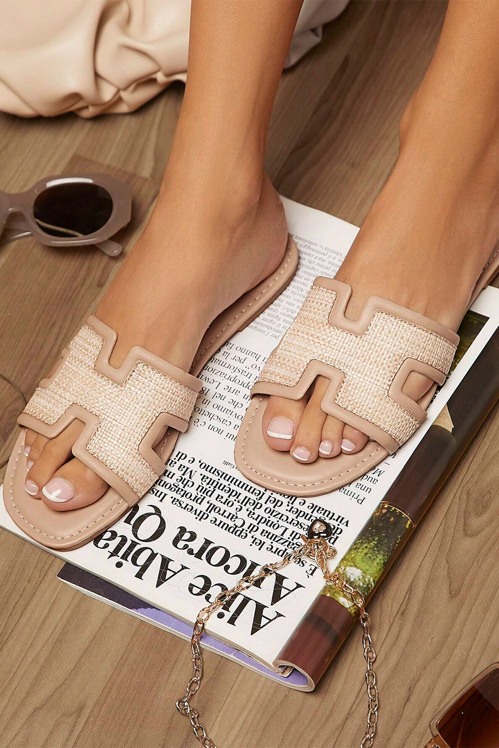 White Faux Raffia Detail Hollowed Open Toe Slippers - loveforevers