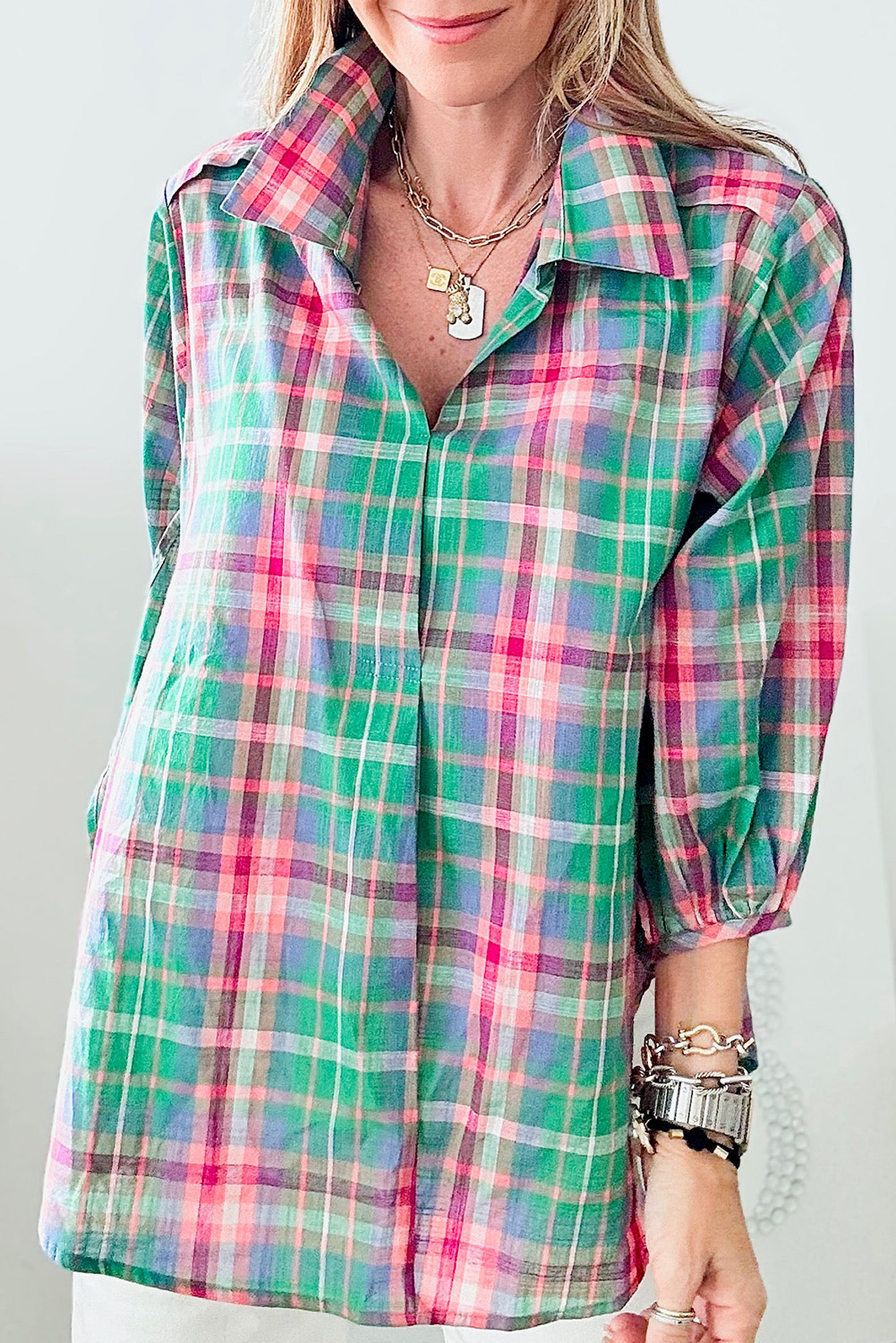Green Checkered 3/4 Sleeve Collared Loose Fit Shirt - loveforevers