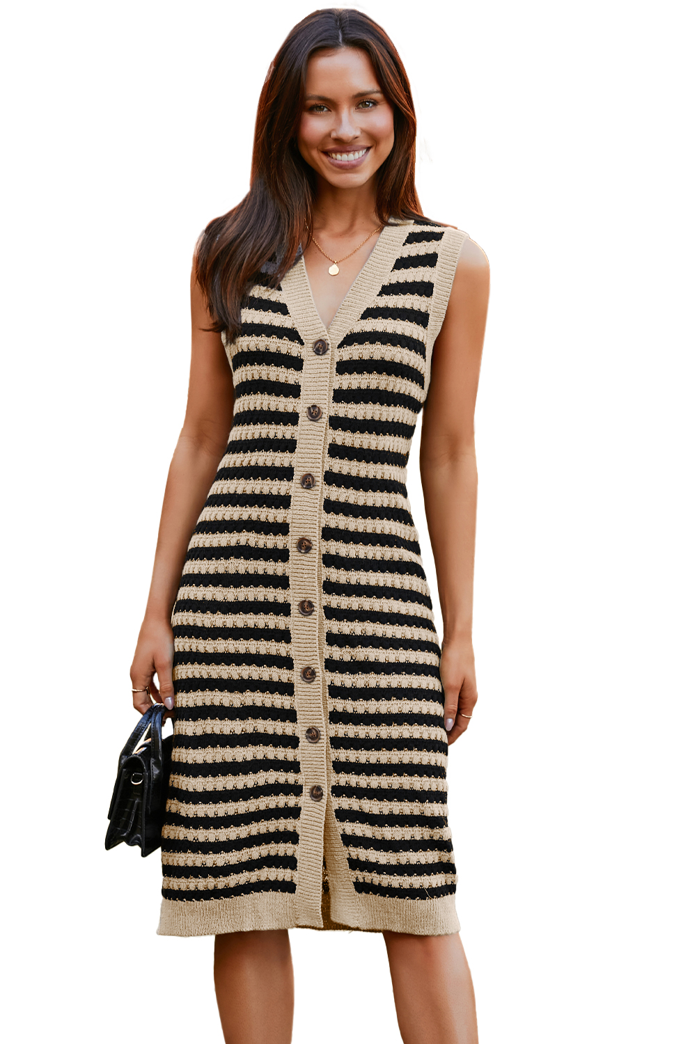 Parchment Buttoned Front Pencil Midi Sleeveless Sweater Dress - loveforevers