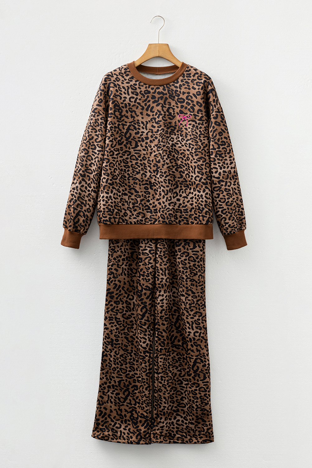 Coffee Leopard Print Contrast Trim Long Sleeve Top and Pants Set - loveforevers