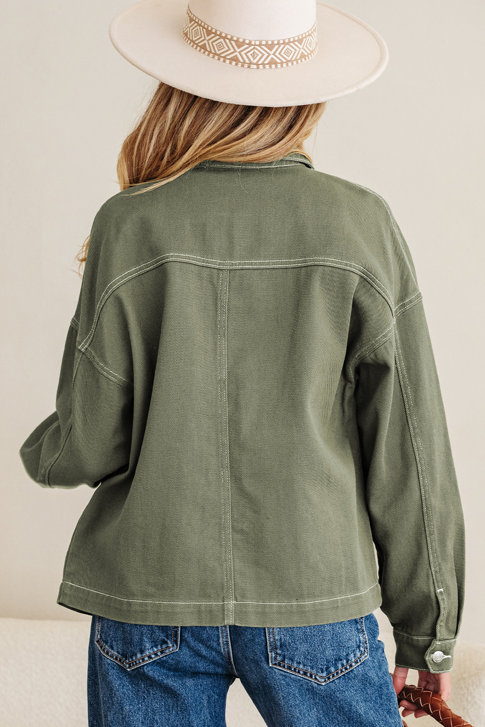 Smoke Green Patched Pocket Collared Button Front Boyfriend Denim Jacket - loveforevers