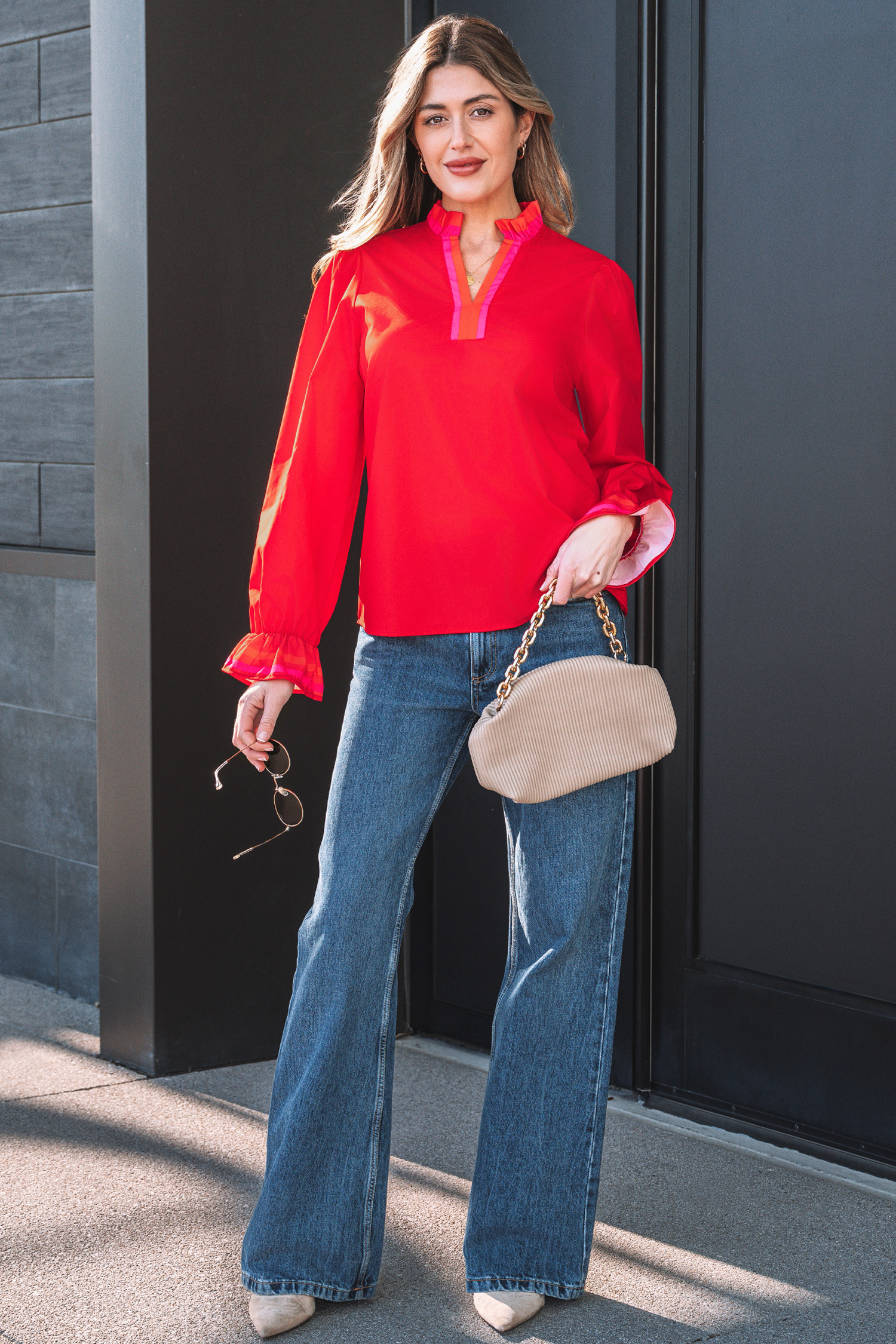 Four Leaf Clover Striped Trim Ruffle Split Neck Long Sleeve Blouse - loveforevers