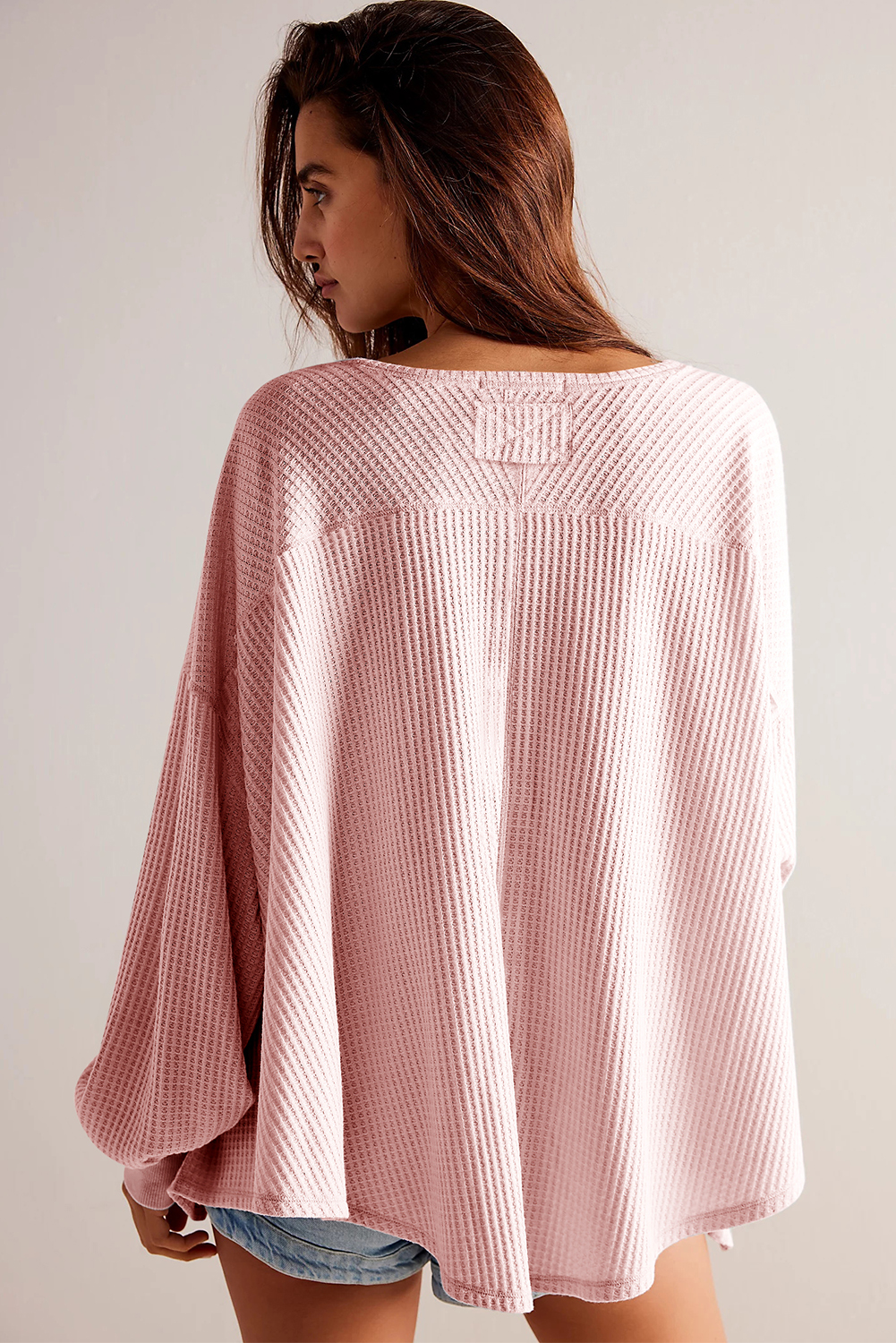 Light Pink Waffle V Neck Long Sleeve Drop Shoulder Loose Blouse - loveforevers