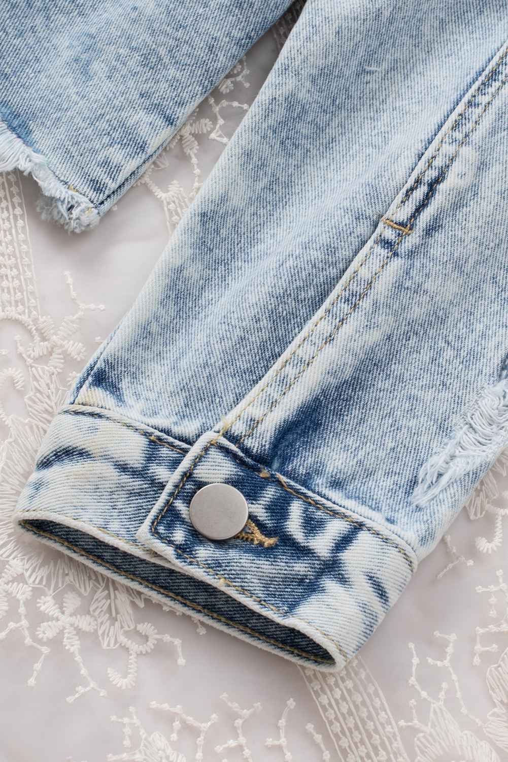 Sky Blue Lapel Distressed Raw Hem Buttons Denim Jacket - loveforevers