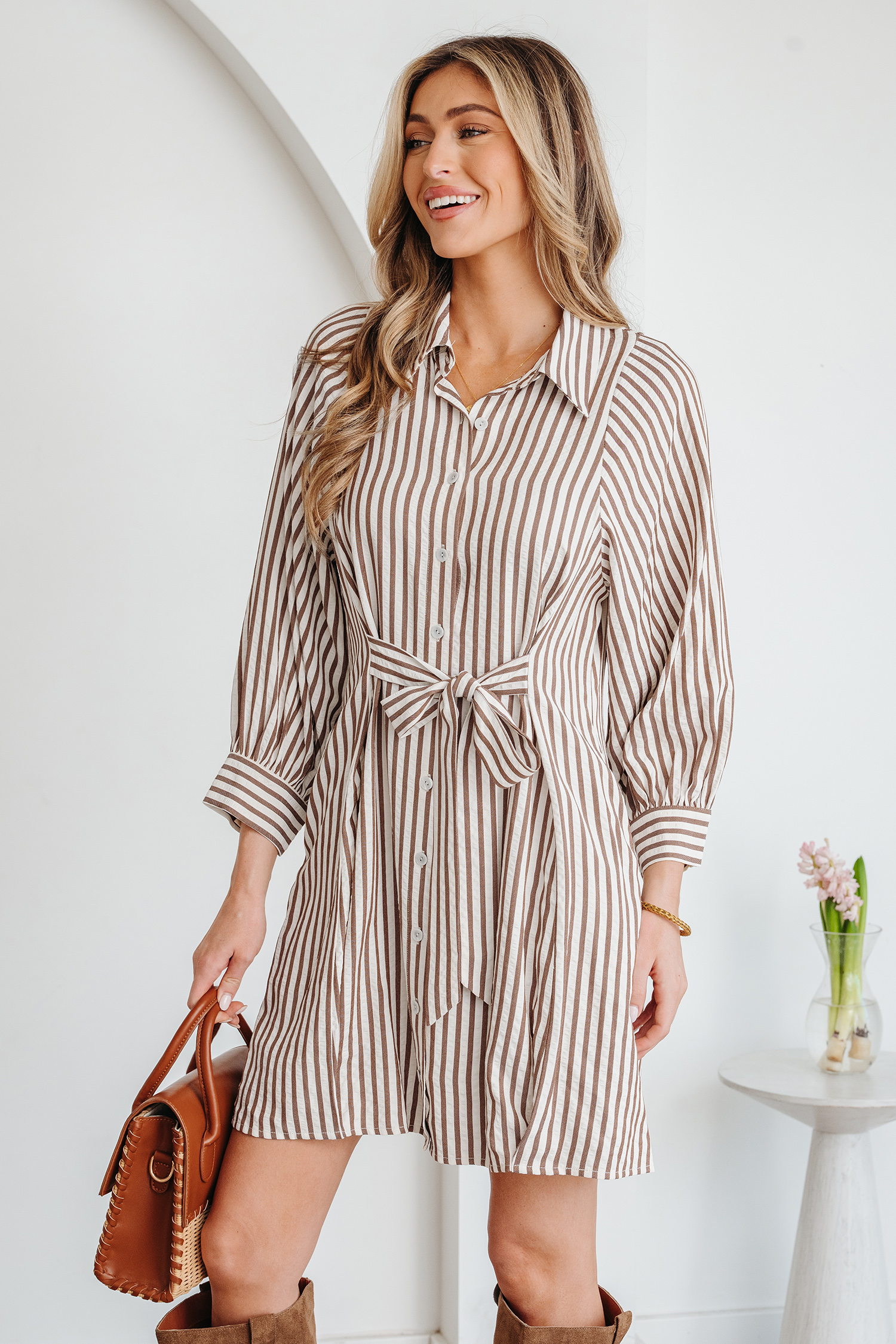 Brown Stripe Knot Waist Puff Sleeve Button Down Mini Shirt Dress - loveforevers