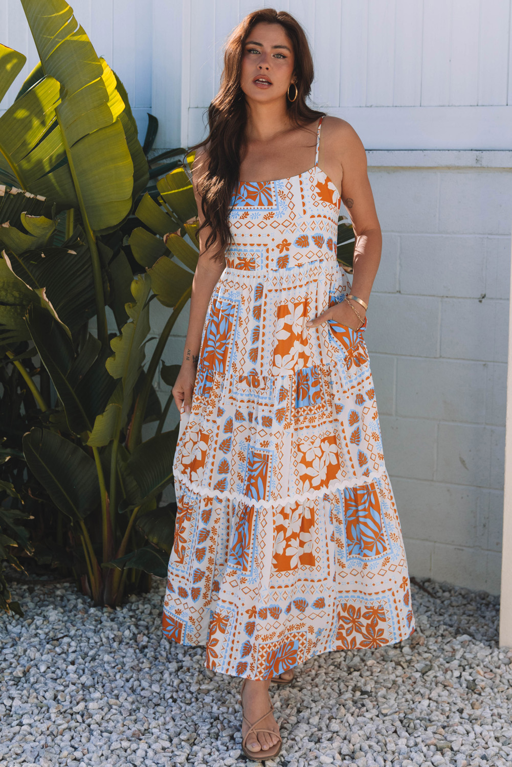Orange Multi Printed Ricrac Trim Spaghetti Straps Maxi Dress - loveforevers