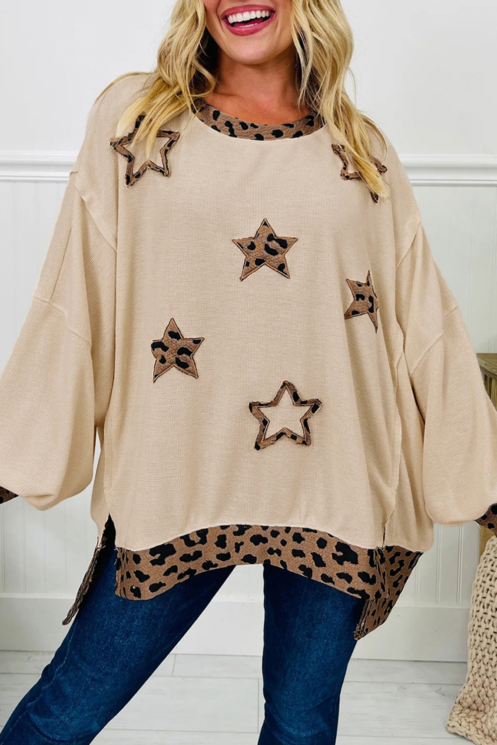 Beige Contrast Leopard Star Patchwork Detail Raw Seam Baggy Sweatshirt - loveforevers