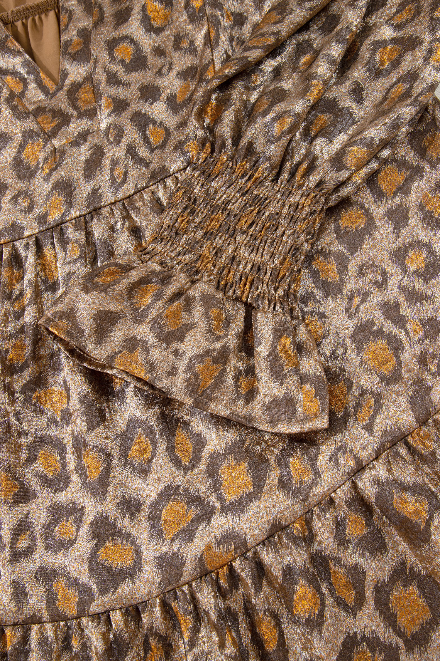 Khaki Leopard Print V Neck Ruffled Sleeve Tiered Loose Mini Dress - loveforevers