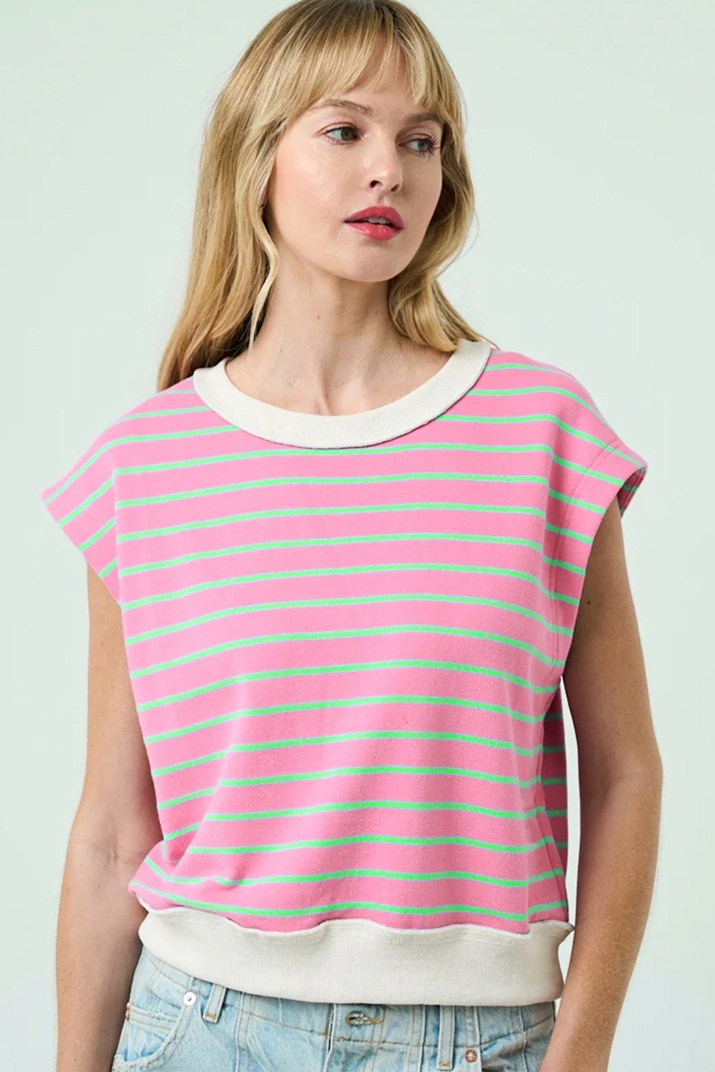 Sachet Pink Striped Crew Neck Cap Sleeve T Shirt - loveforevers