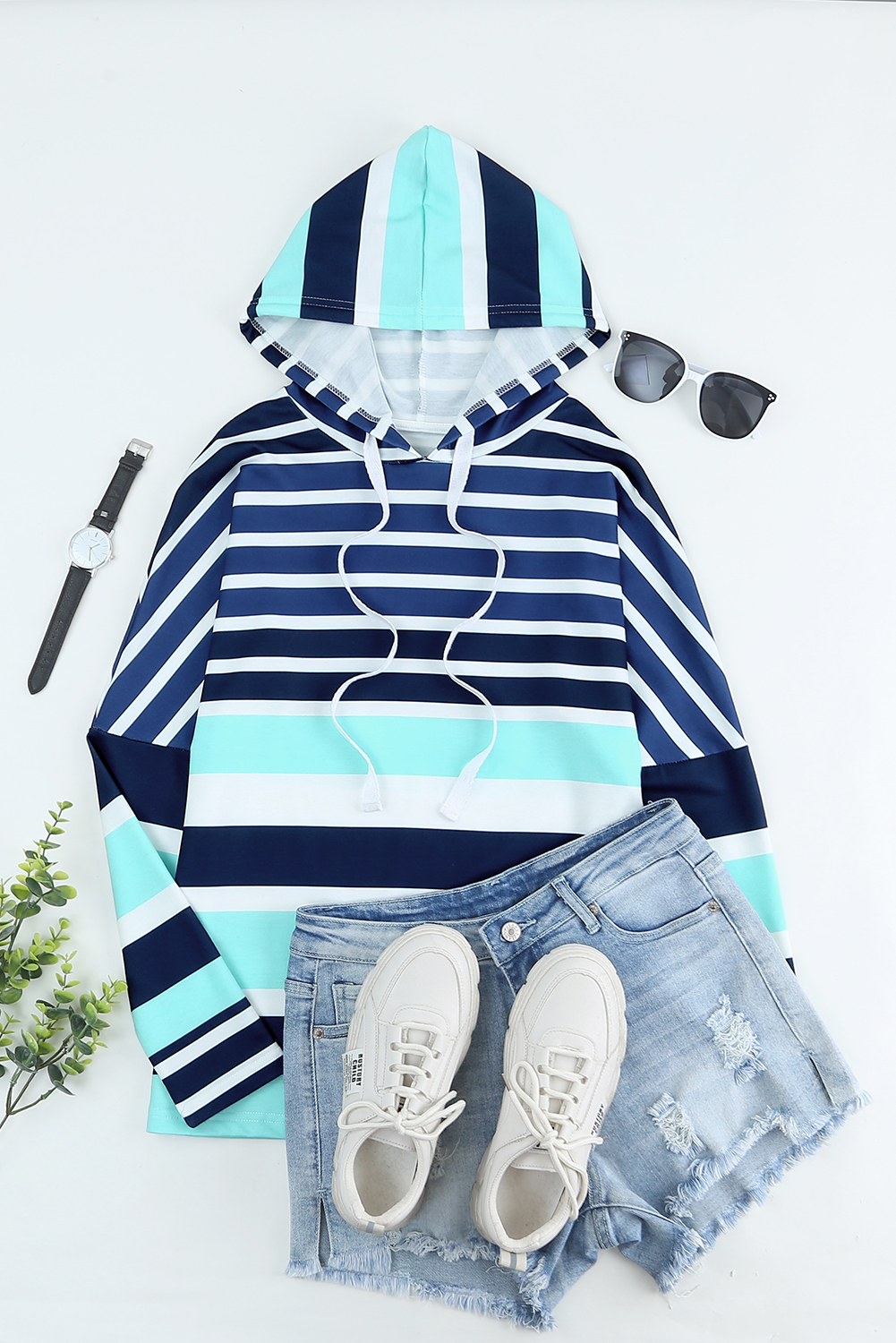 Multi Striped Drawstring Long Sleeve Hoodie - loveforevers