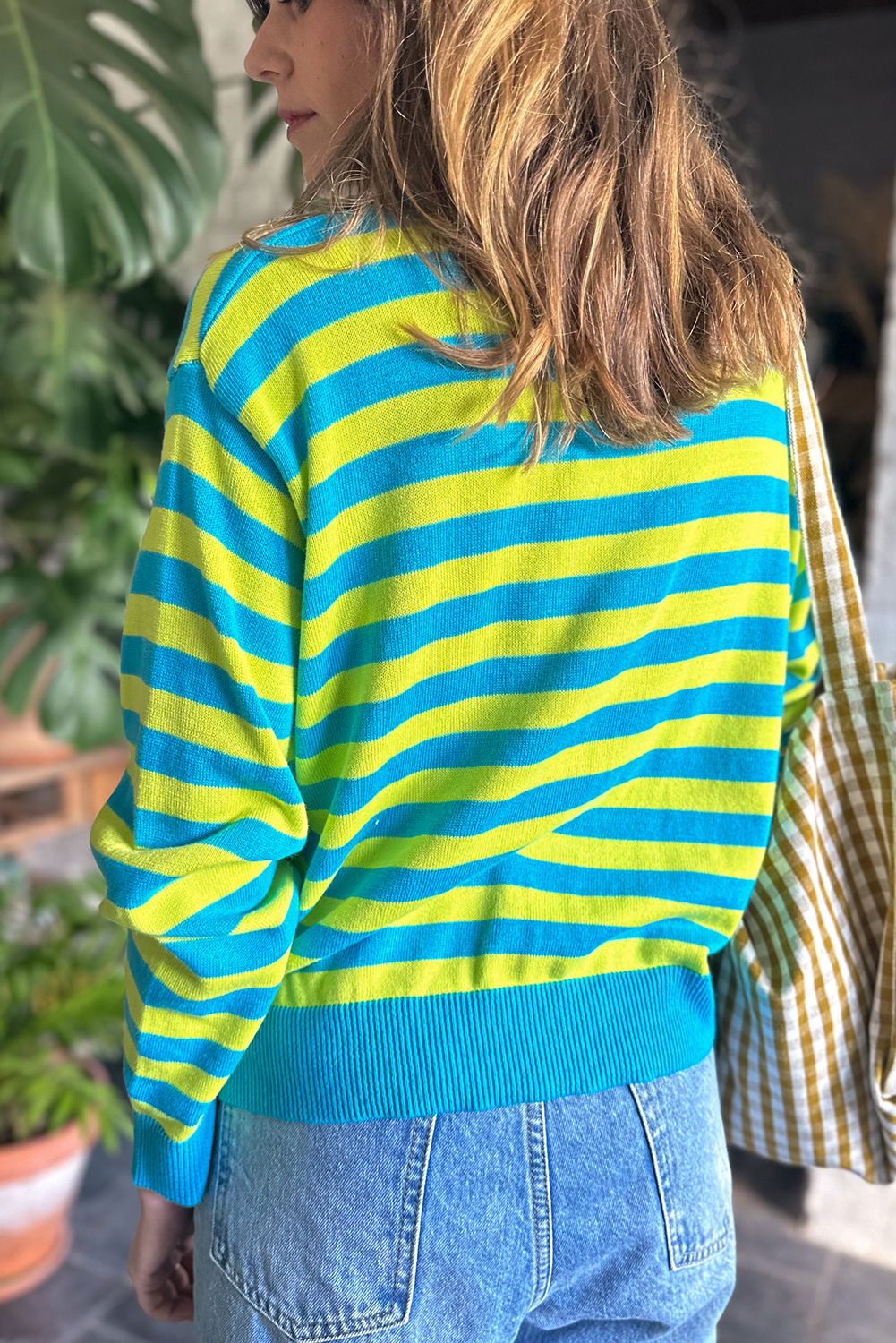 Green Stripe Crew Neck Drop Shoulder Casual Sweater - loveforevers