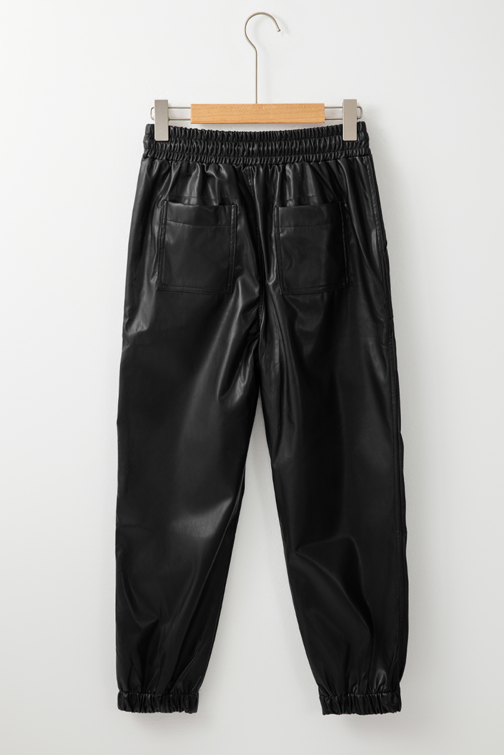 Black Faux Leather Ankle Smocked Waist Drawstring Joggers - loveforevers