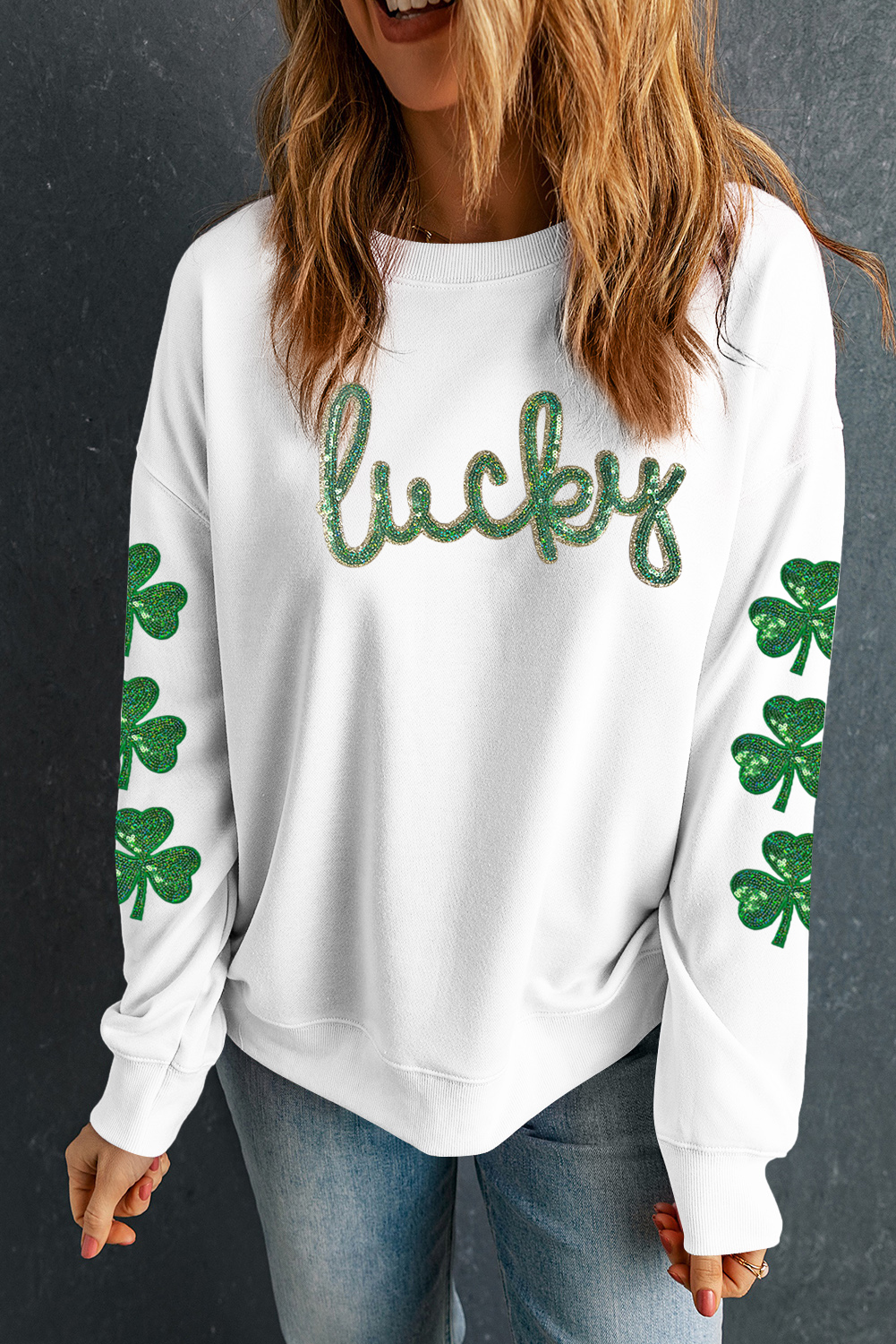 White Sequin lucky Lettering Clover Patched Sleeve Drop Shoulder Sweatshirt - loveforevers