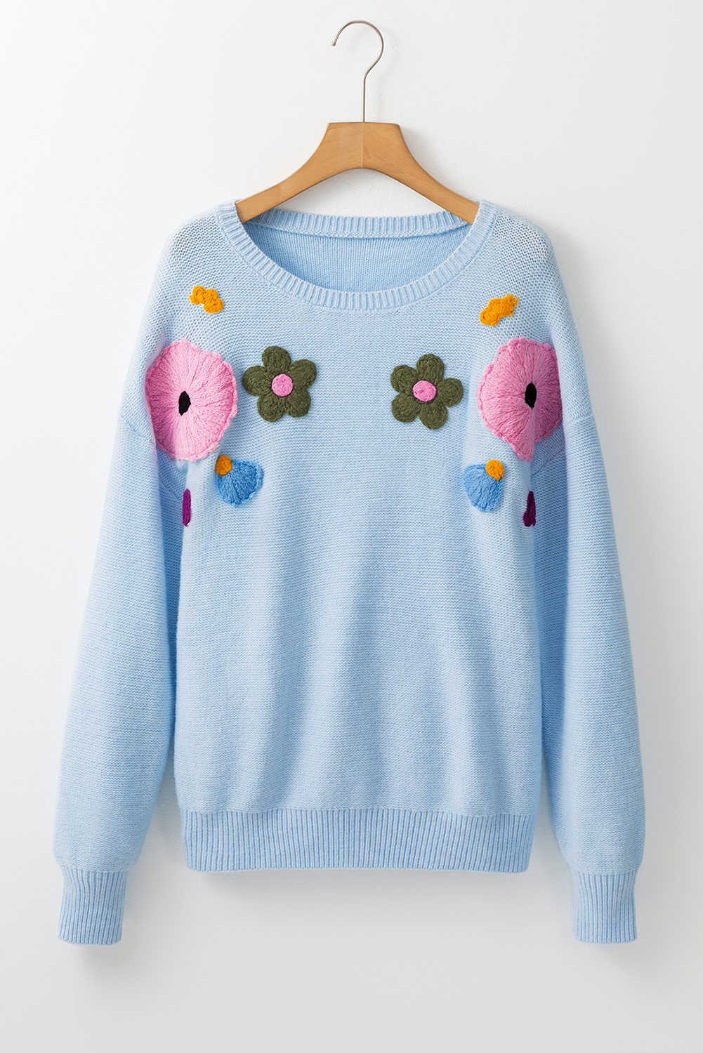 Pink Knitted Flower Pattern Ribbed Edge Sweater - loveforevers