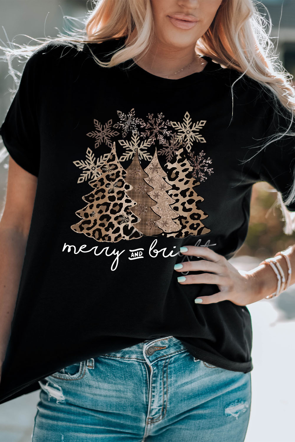 Black Leopard Christmas Tree Graphic Crew Neck T Shirt - loveforevers