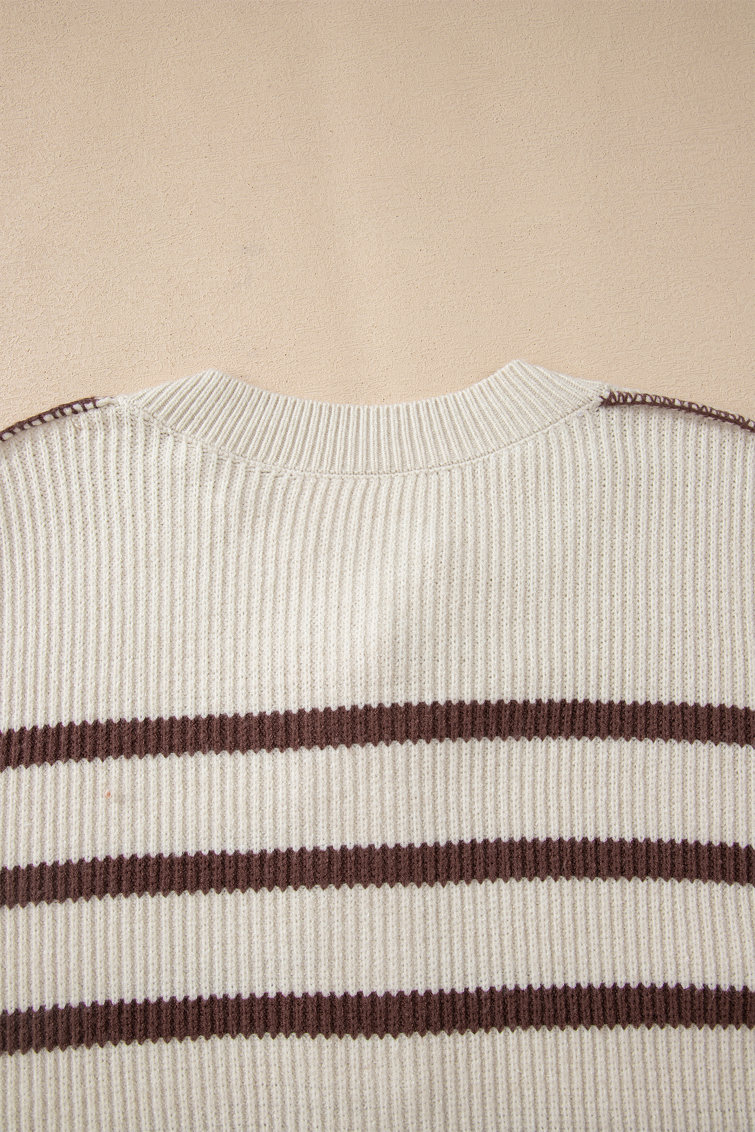 Brown Stripe Ribbed Henley Drop Shoulder Slouchy Sweater - loveforevers