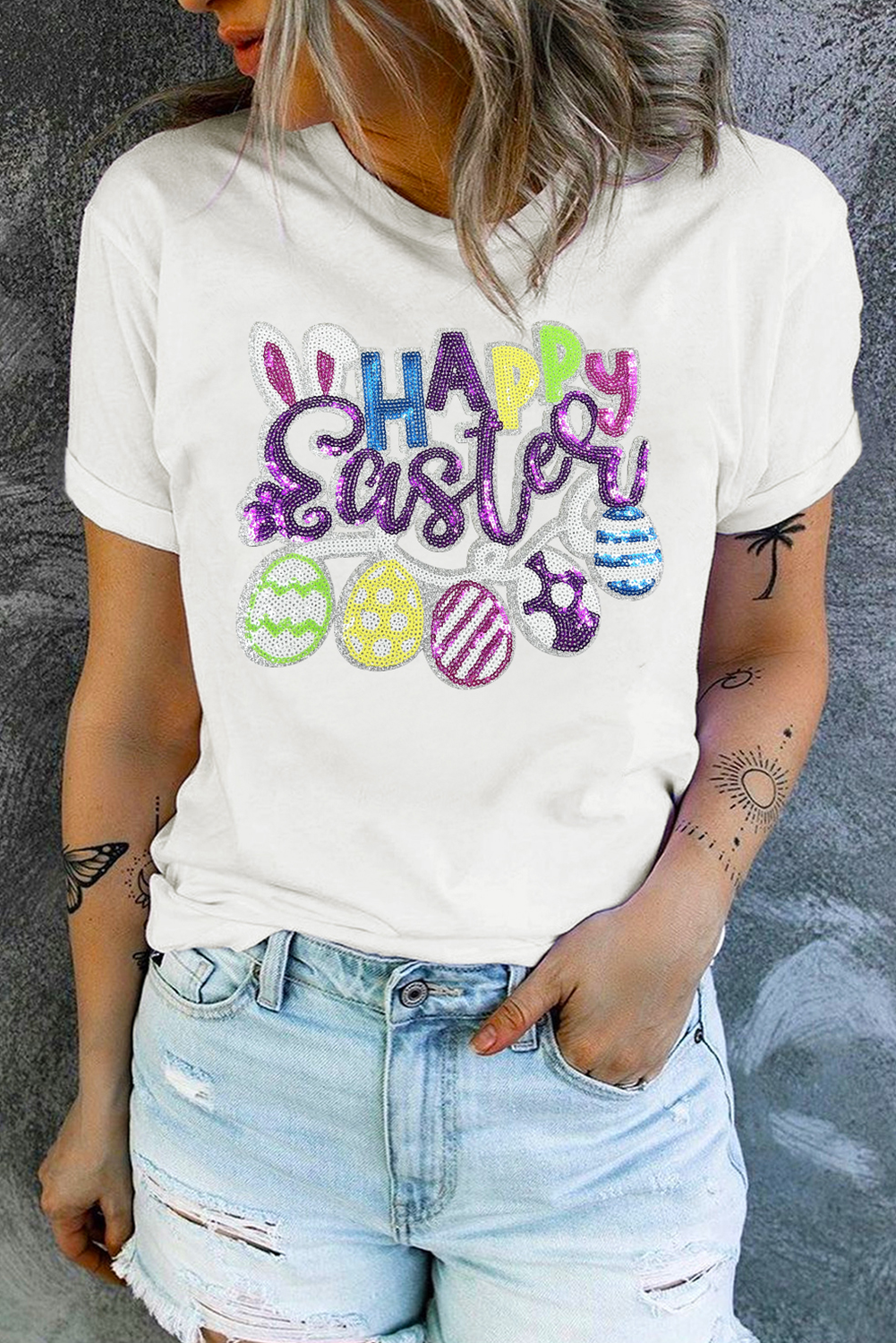 White Happy Easter Sequin Patched Casual Tee - loveforevers