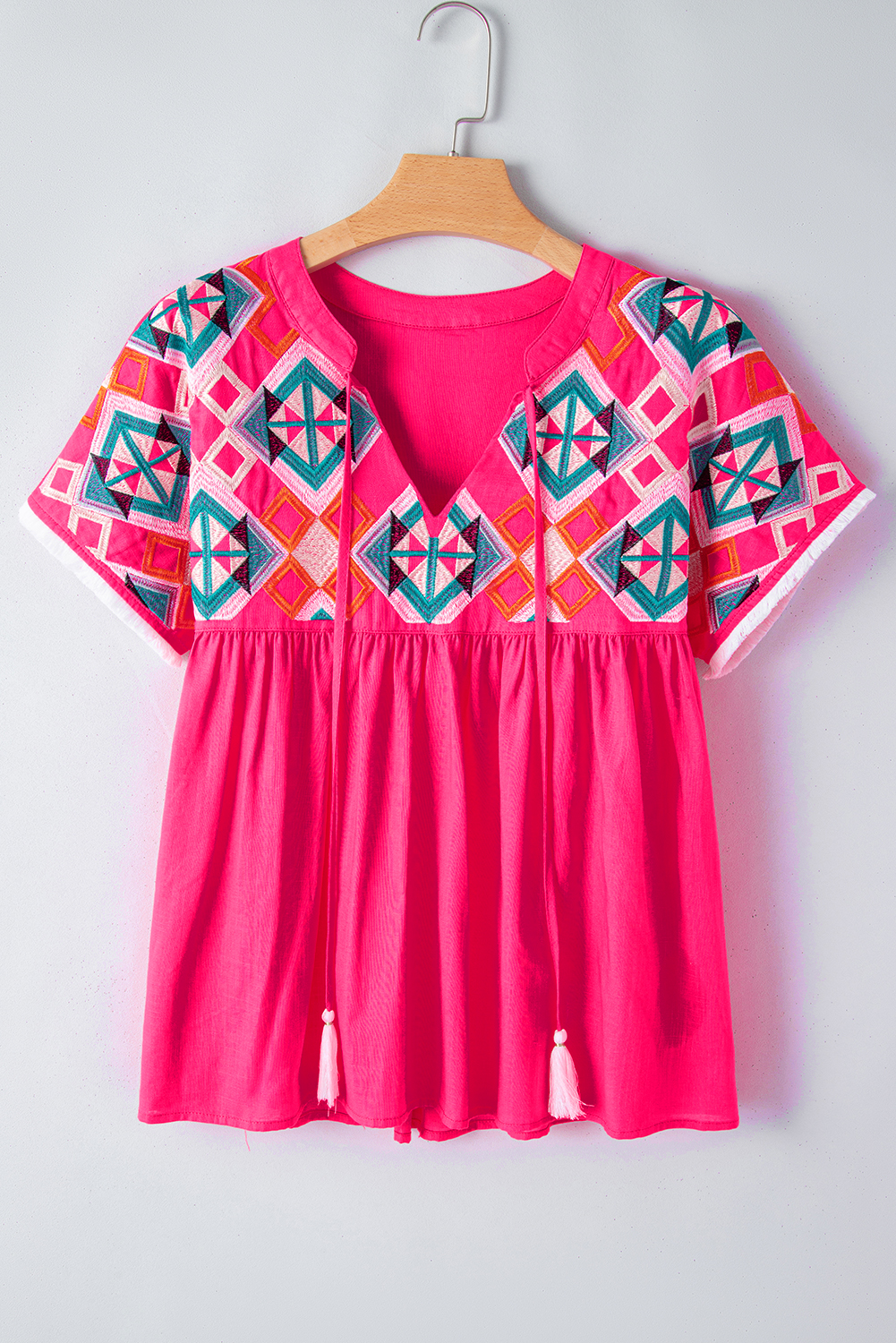 Strawberry Pink Geometric Embroidered Tassel Tie V Neck Blouse - loveforevers