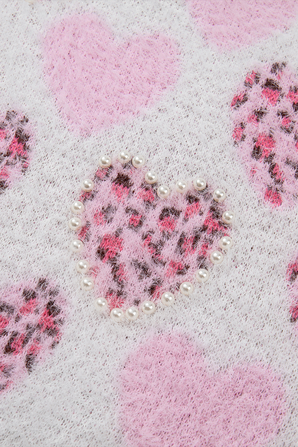 Pink Heart Leopard Print Pearled Ribbed Trim Fuzzy Sweater - loveforevers
