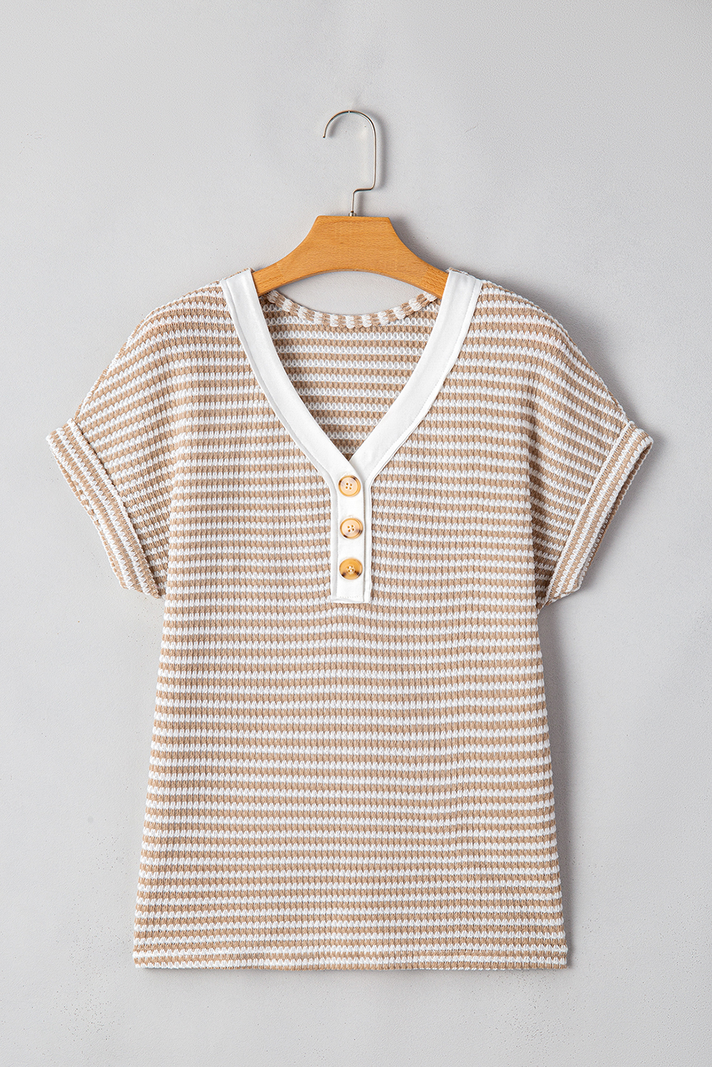 Khaki Stripe Buttoned Front V Neck Knitted T Shirt - loveforevers