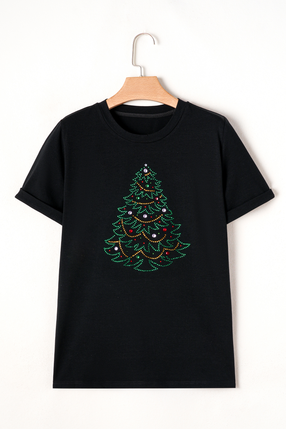 Black Rhinestone Christmas Tree Round Neck Graphic Tee - loveforevers
