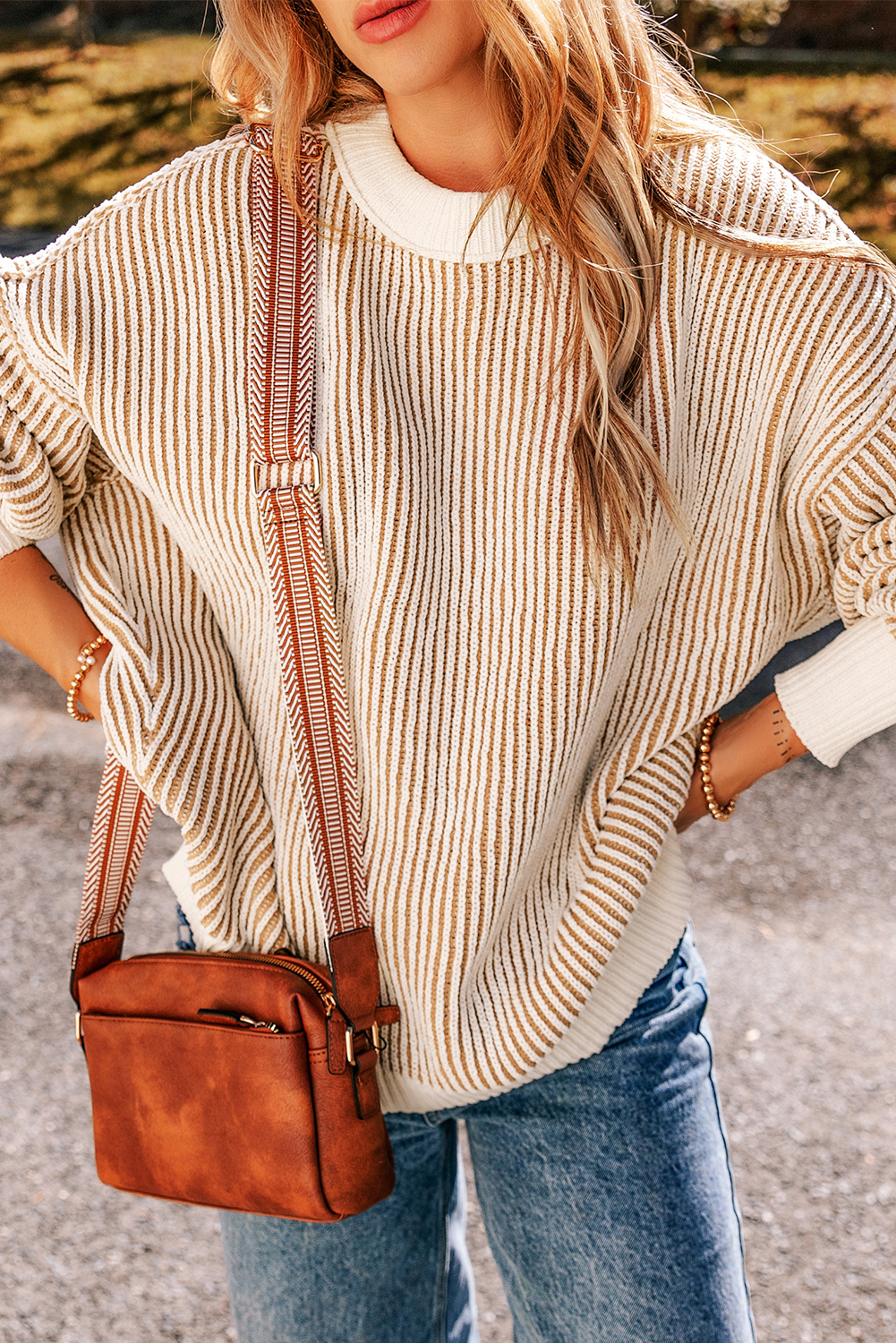 Bright Pink Striped Textured Knit Contrast Edge Loose Sweater - loveforevers
