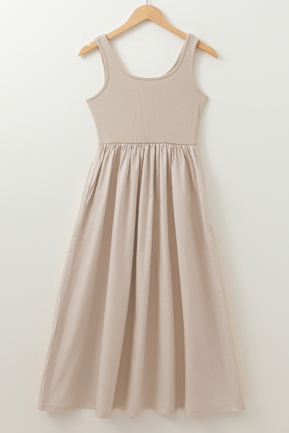 Beige Scoop Neck Ribbed Bodice Pleated Sleeveless Long Dress - loveforevers
