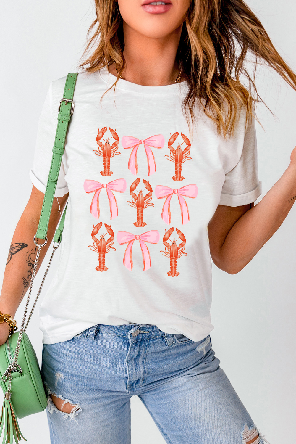 White Crawfish Bow Printed Summer T Shirt - loveforevers