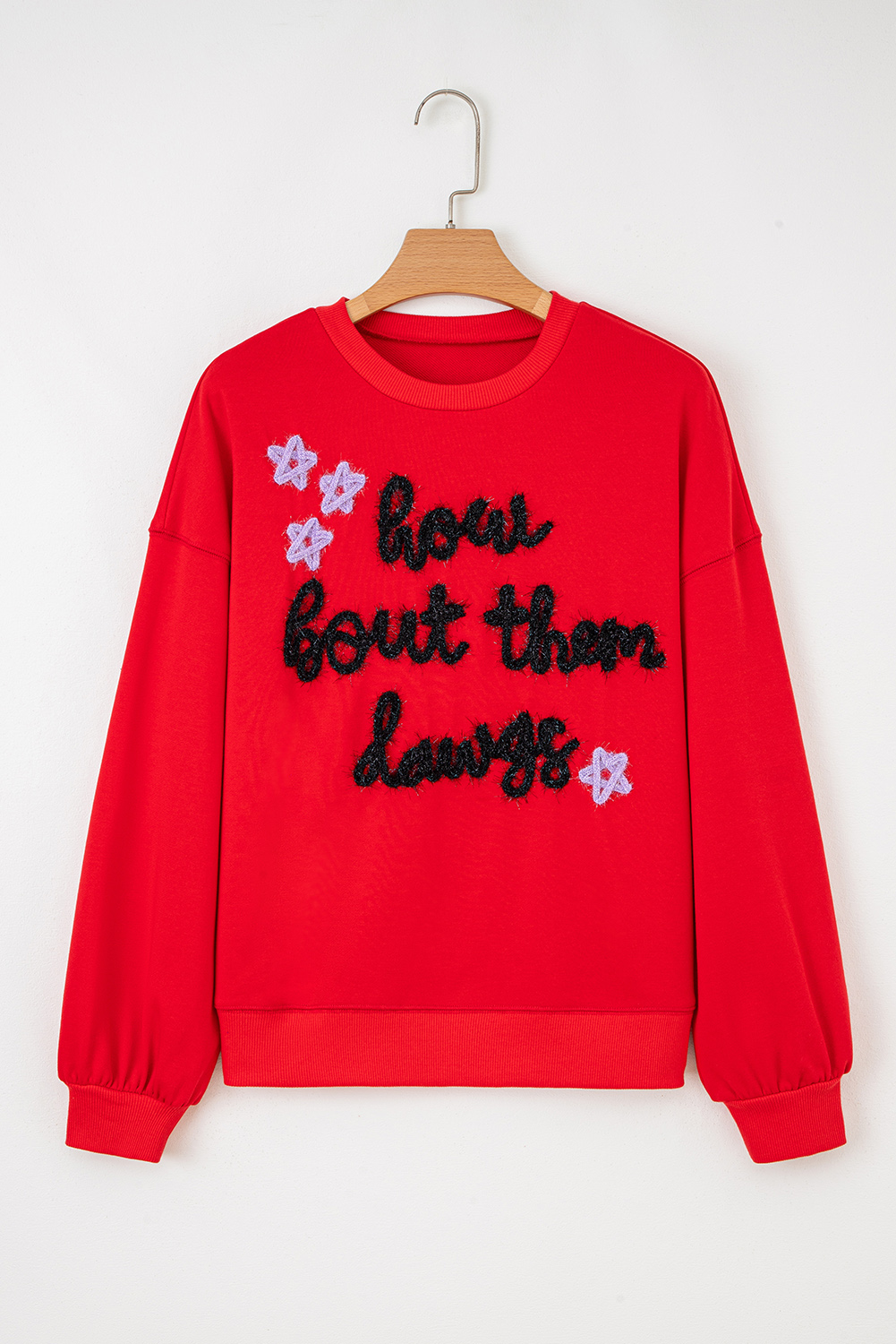 Fiery Red How Bout Them Dawgs Embroidered Script Balloon Sleeve Sweatshirt - loveforevers
