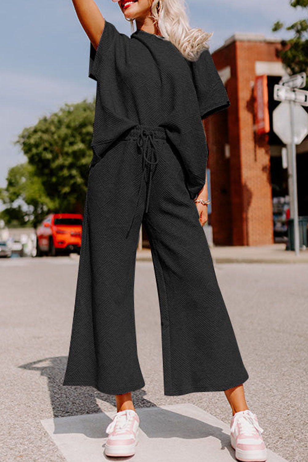 Dark Green Textured Loose Fit T Shirt and Drawstring Pants Set - loveforevers