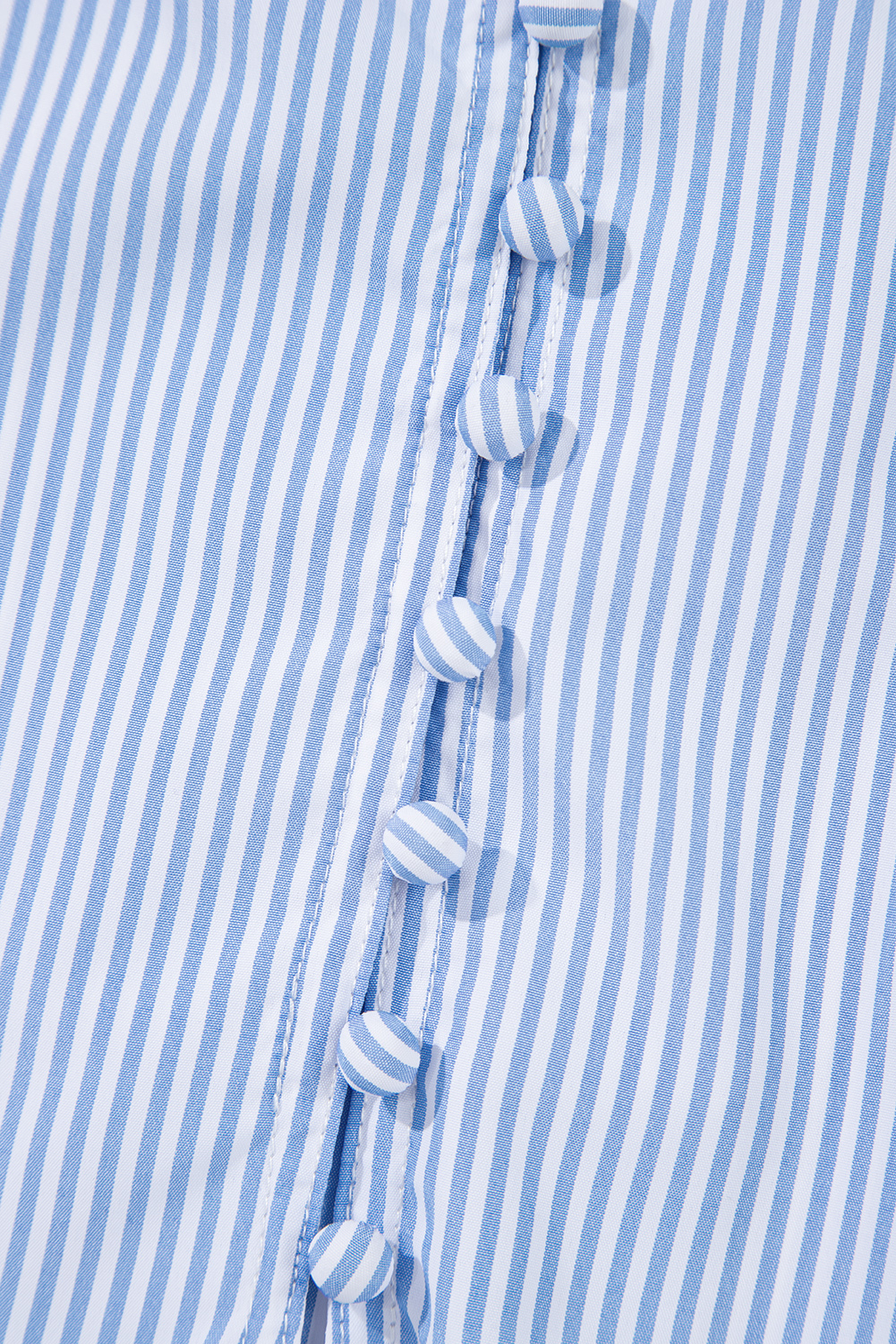 Sky Blue Stripe Ruffled Collar Puff Sleeve Half Buttons Blouse - loveforevers