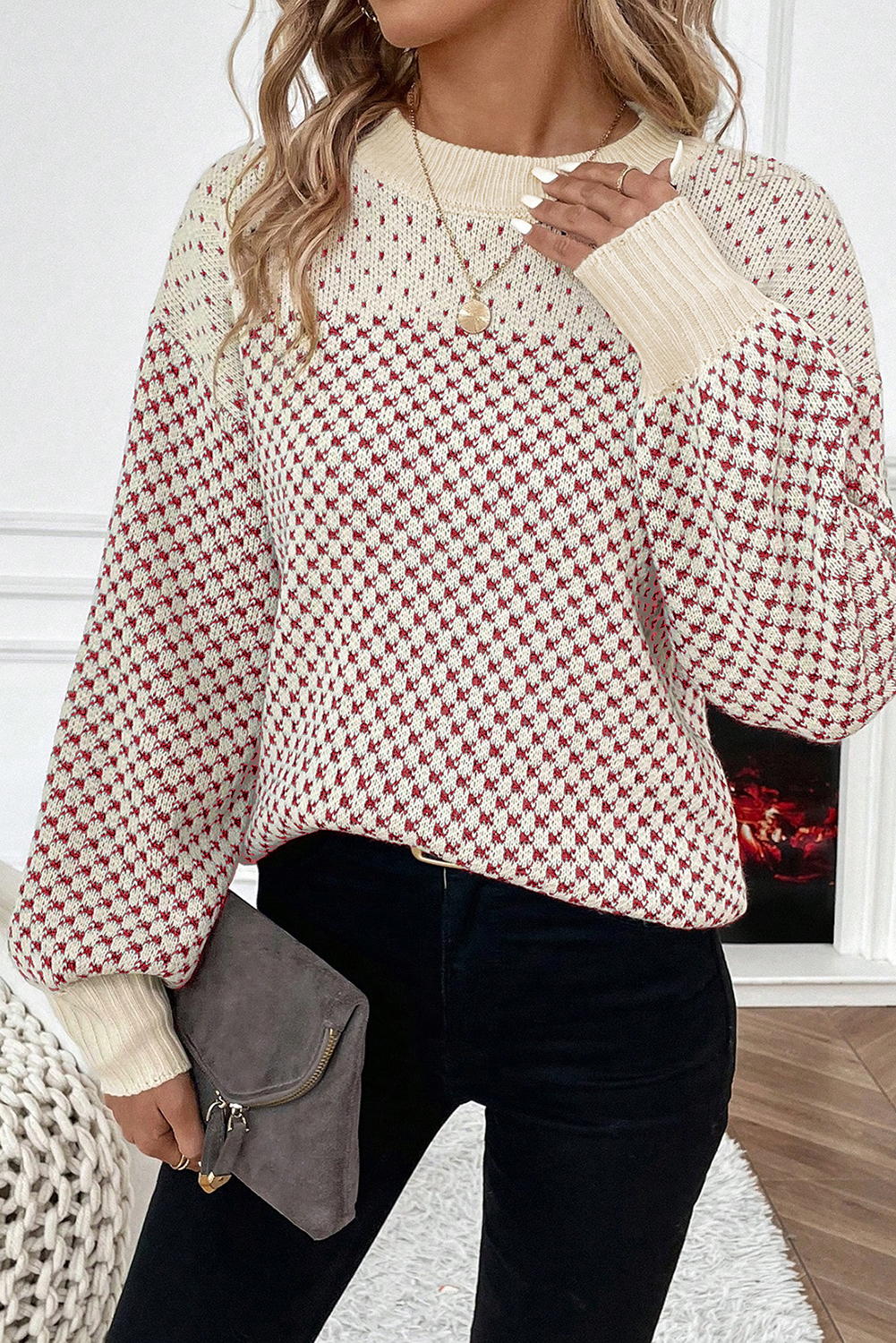 Red Contrast Color Pattern Lantern Sleeve Sweater - loveforevers
