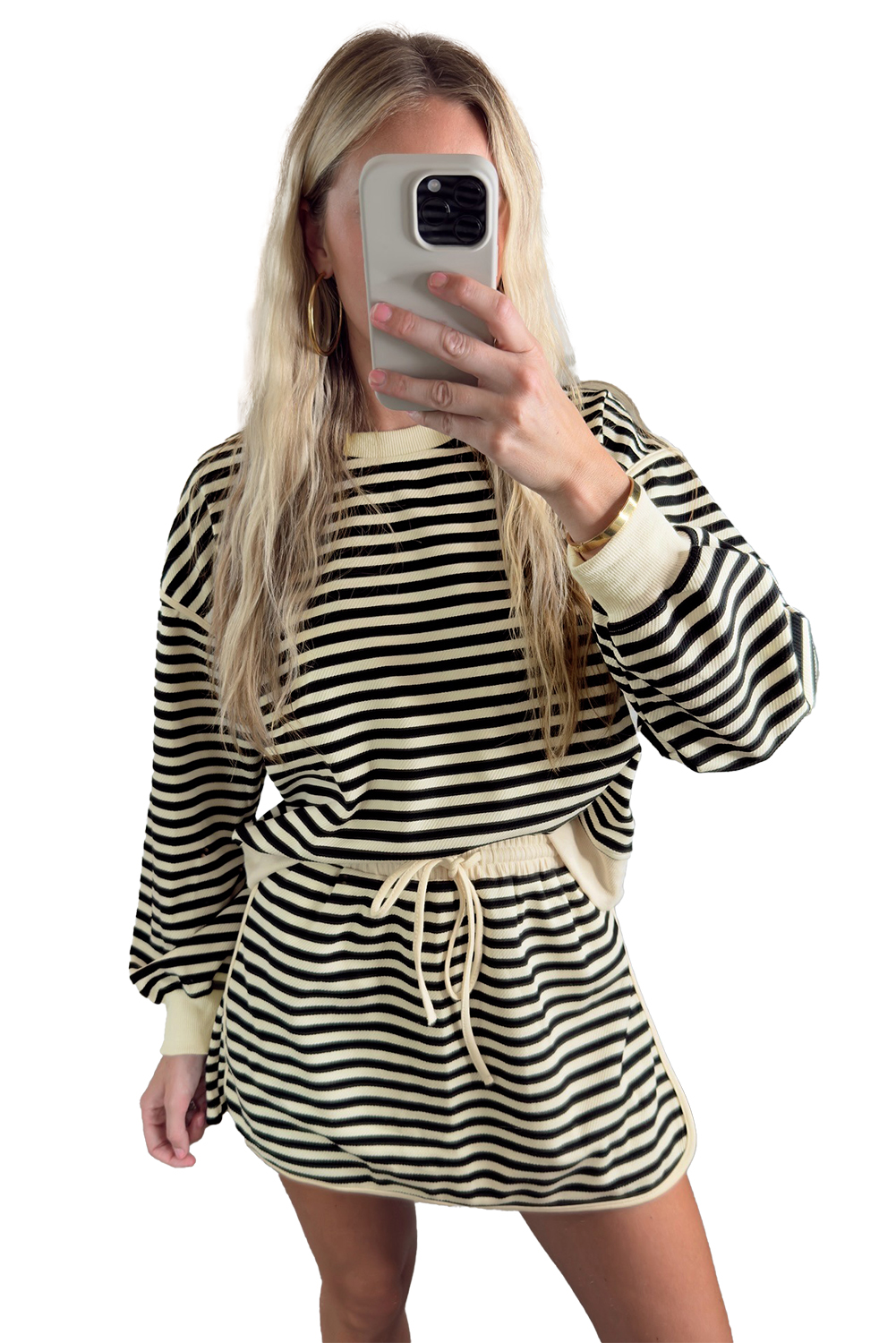 Black Stripe Textured Drop Shoulder Pullover Top Drawstring Mini Skort Two Piece Dress Set - loveforevers