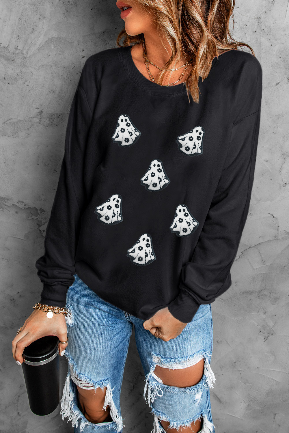 Wisteria Glitter Trim Chenille Ghost Patched Halloween Graphic Tee - loveforevers