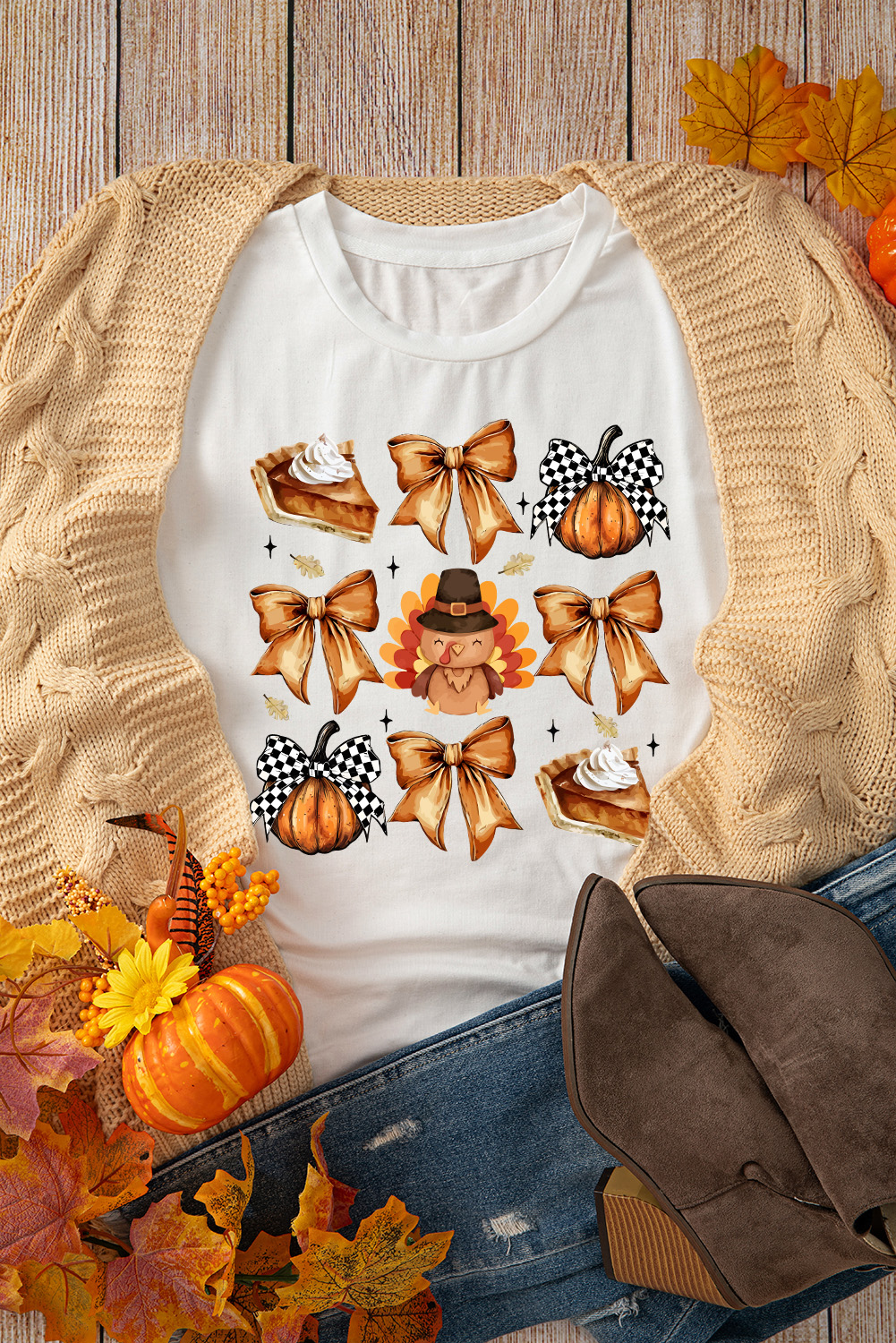 White Cute Bowknot Tanksgiving Graphic Crewneck T Shirt - loveforevers