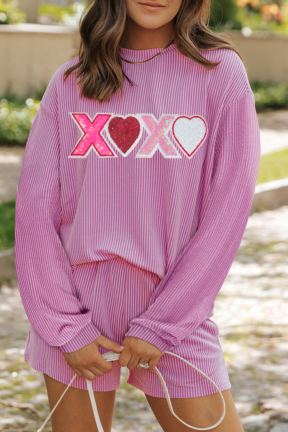 Phalaenopsis Corded Sequined XOXO Heart Valentines Long Sleeve Shorts Set - loveforevers